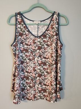 LOFT Floral V-Neck Sleeveless Tank with Navy Trim